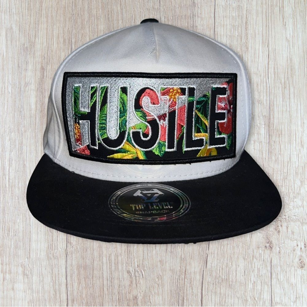 TOP LEVEL : HUSTLE | Front-raised Verbiage & Tropical Print Design Snapback Cap
